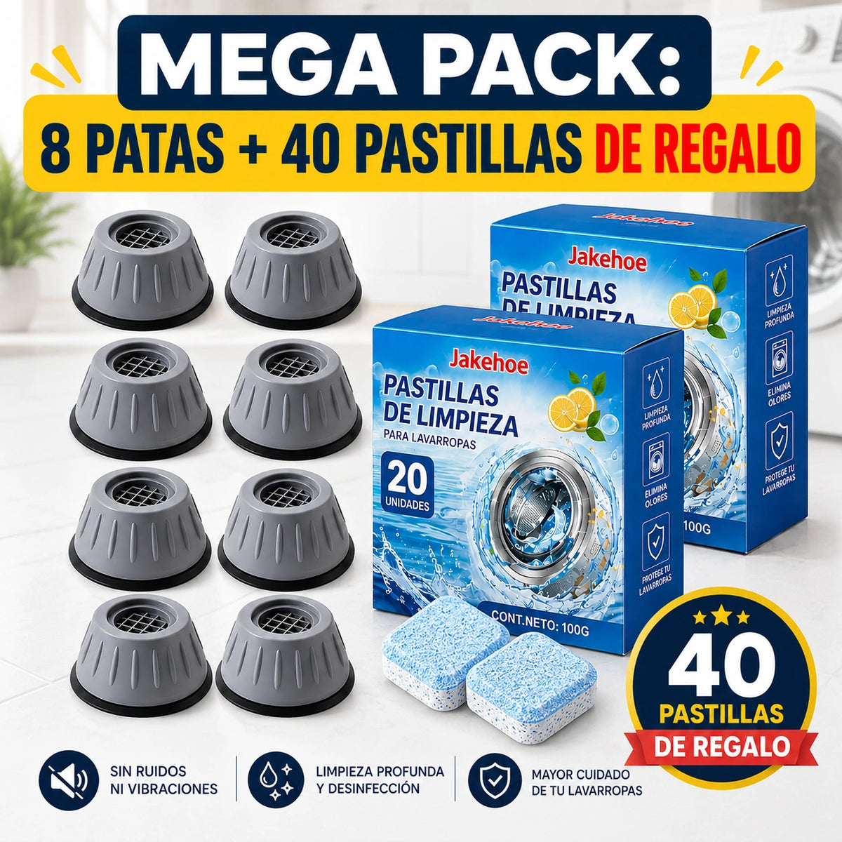 Kit de Patas Antivibratorias Antideslizantes EcoFix Pro + 20 Pastillas Limpiadoras de Regalo