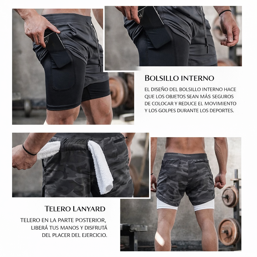GripFlow — Short Deportivo Hombre con Licra Interior y Bolsillo Seguro para Celular