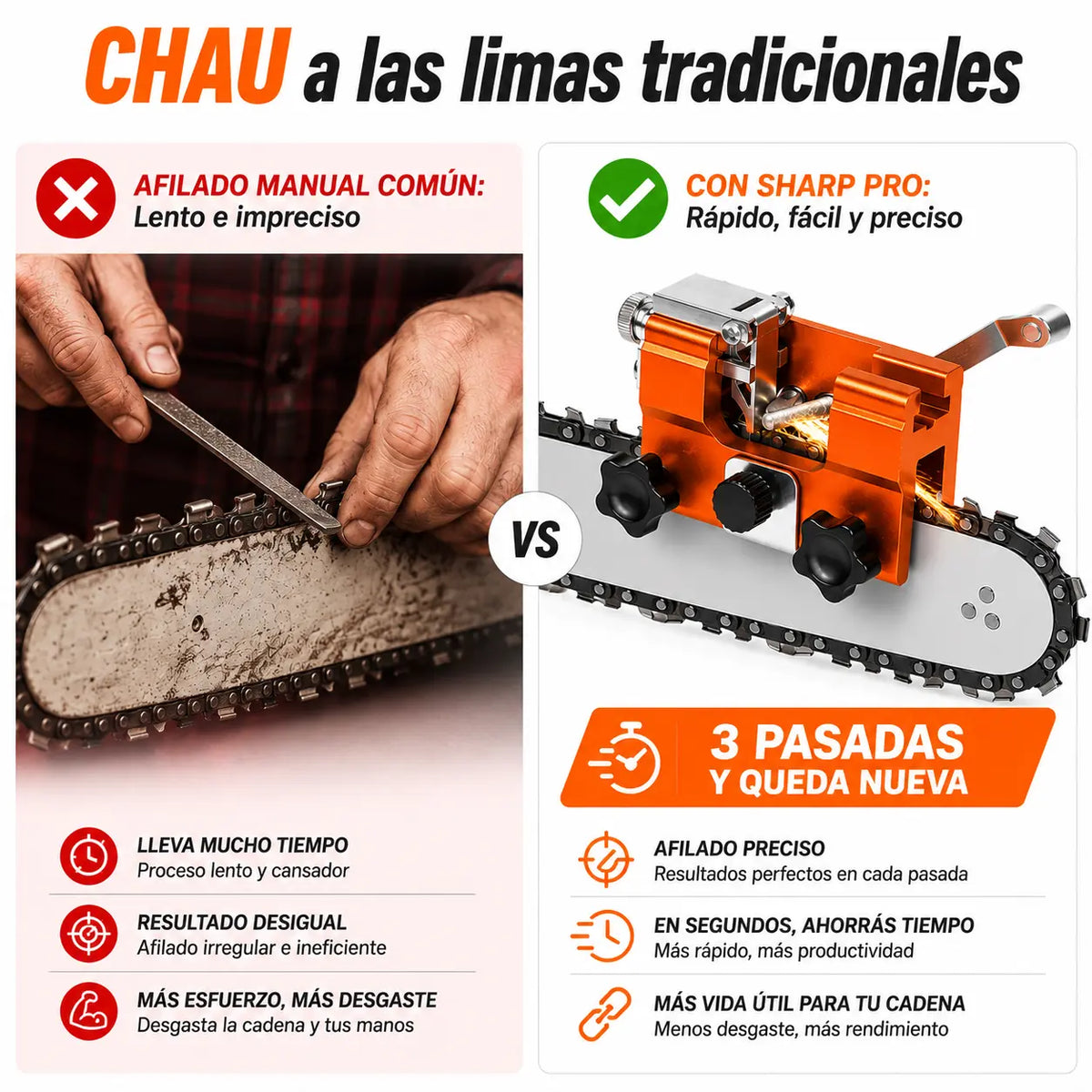 Sharp Pro - Afilador de Cadenas de Motosierra Portátil con Guía de Precisión + 3 Limas de Repuesto