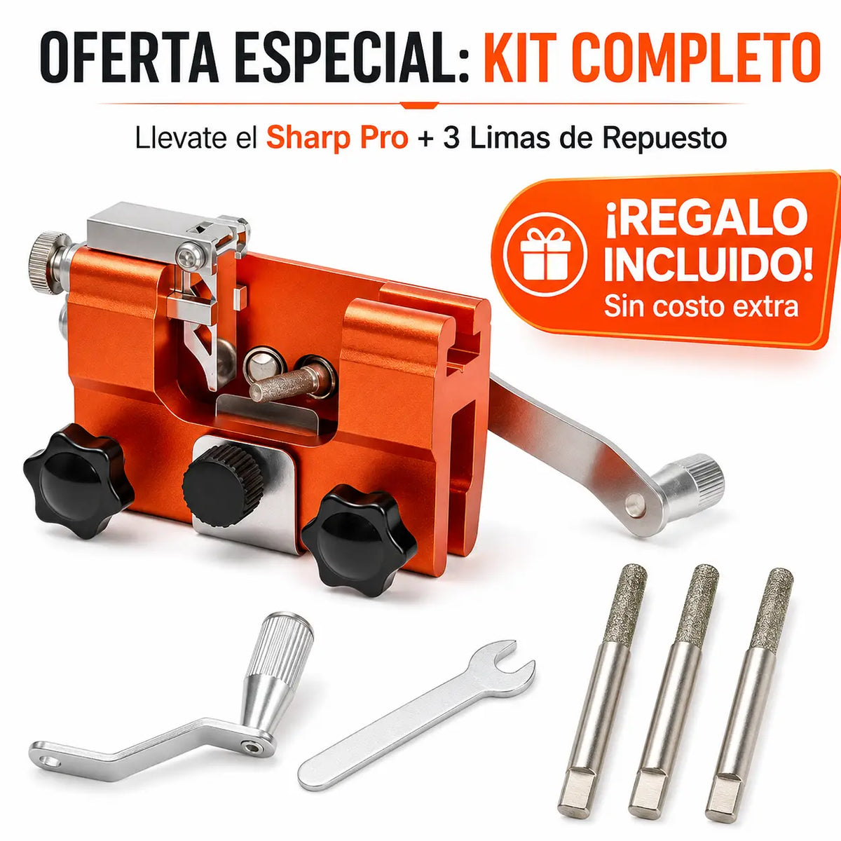 Sharp Pro - Afilador de Cadenas de Motosierra Portátil con Guía de Precisión + 3 Limas de Repuesto
