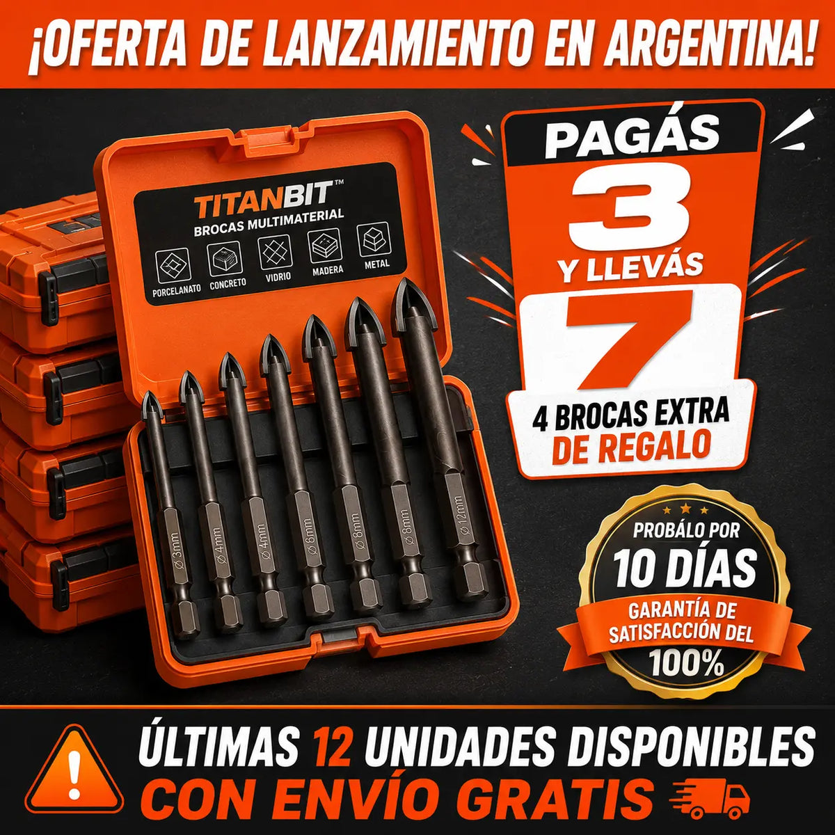 TitanBit Brocas Universales para Vidrio, Metal, Madera, Concreto y Más [Pagás 3 y Llevás 7]