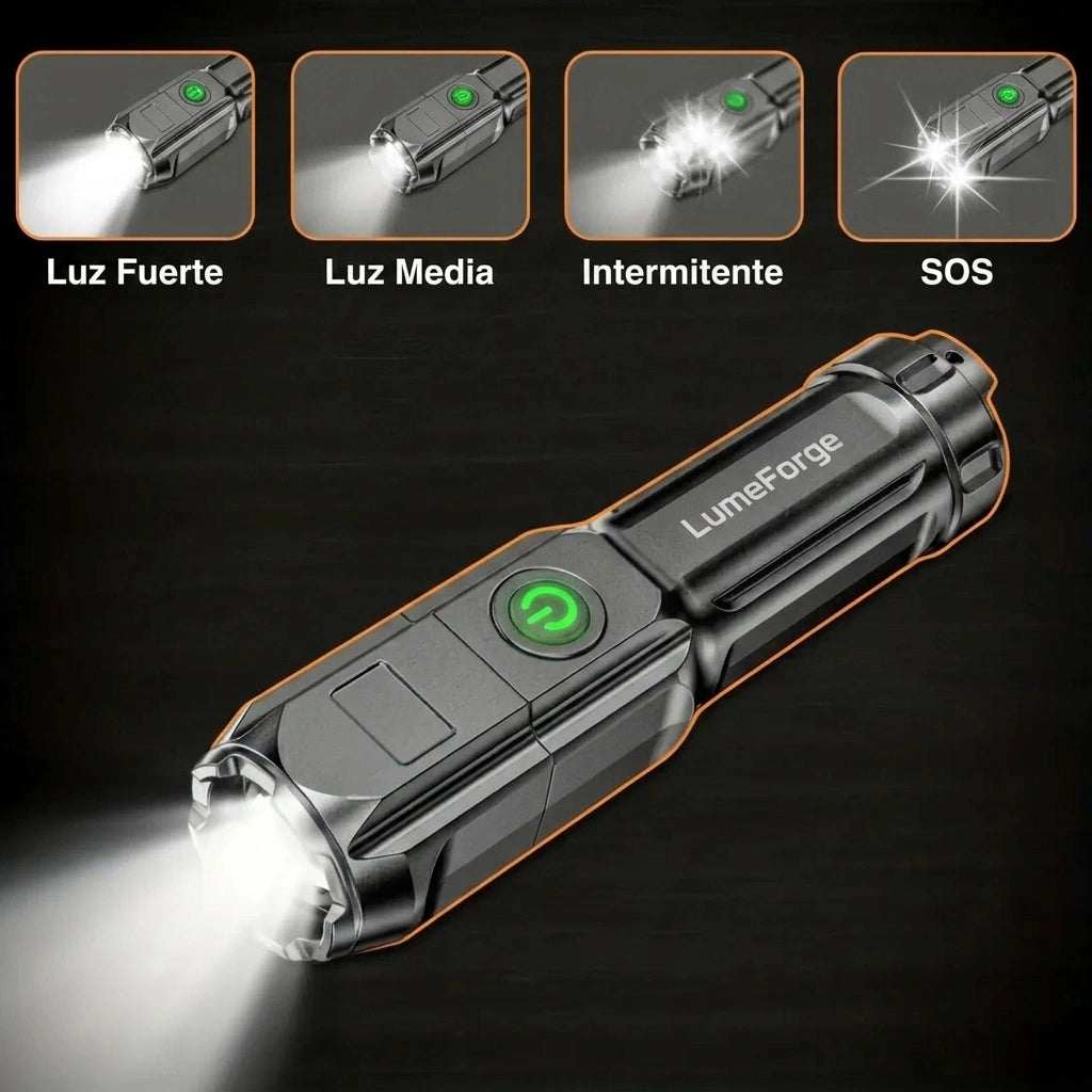 LumeForge Linterna Táctica Compacta Recargable USB Foco Ajustable Uso Profesional
