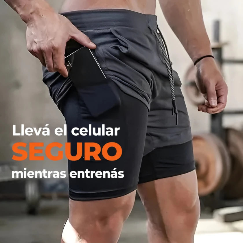 GripFlow — Short Deportivo Hombre con Licra Interior y Bolsillo Seguro para Celular