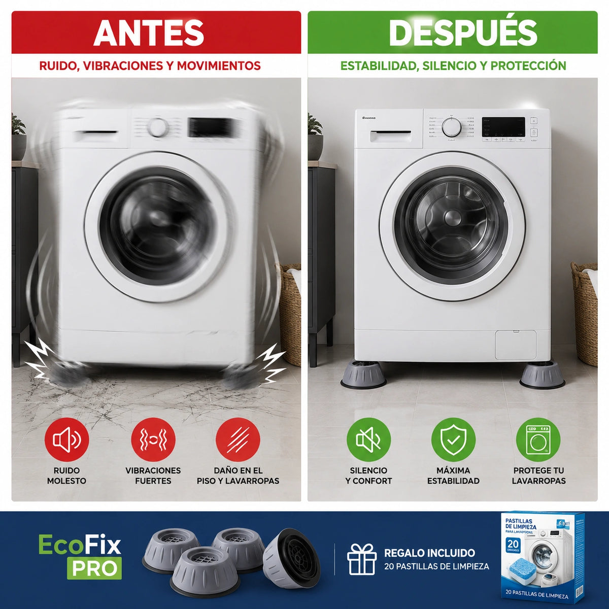 Kit de Patas Antivibratorias Antideslizantes EcoFix Pro + 20 Pastillas Limpiadoras de Regalo