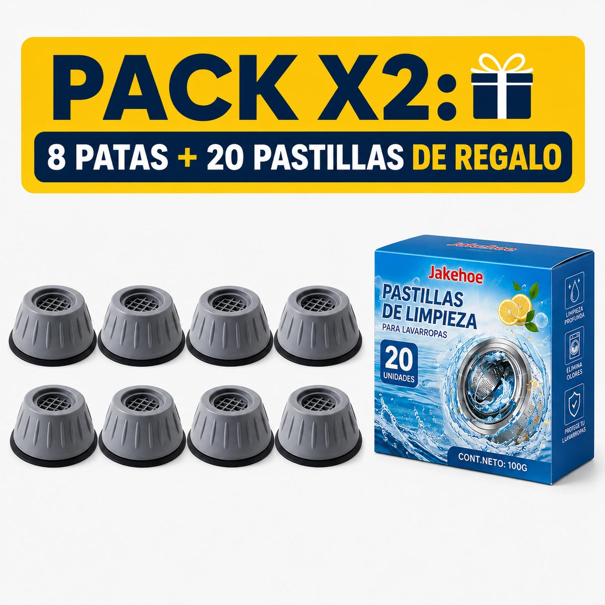 Kit de Patas Antivibratorias Antideslizantes EcoFix Pro + 20 Pastillas Limpiadoras de Regalo