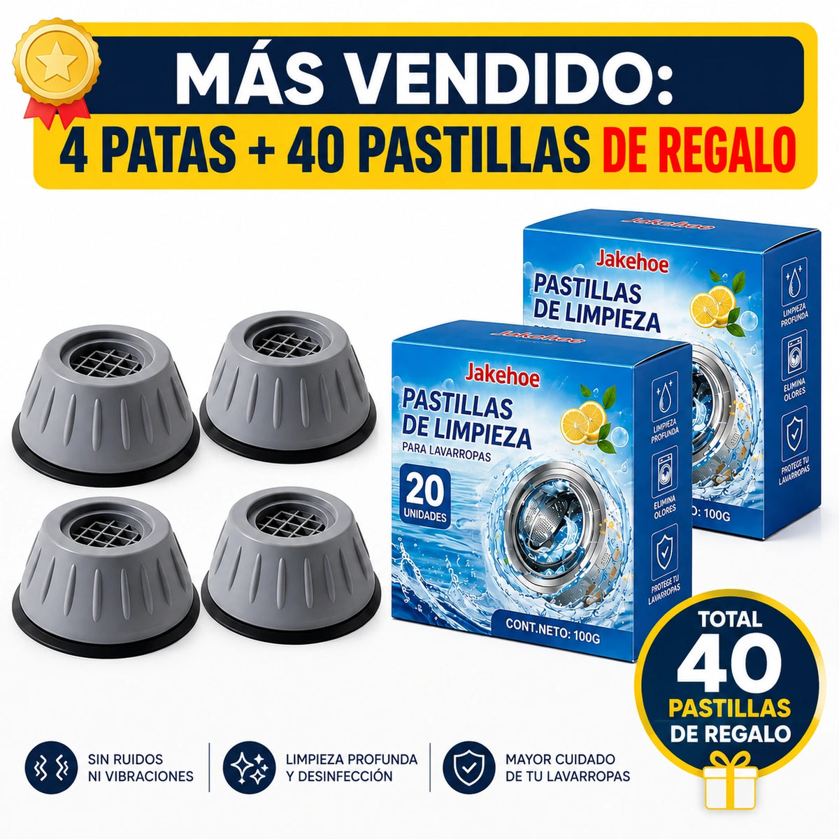 Kit de Patas Antivibratorias Antideslizantes EcoFix Pro + 20 Pastillas Limpiadoras de Regalo